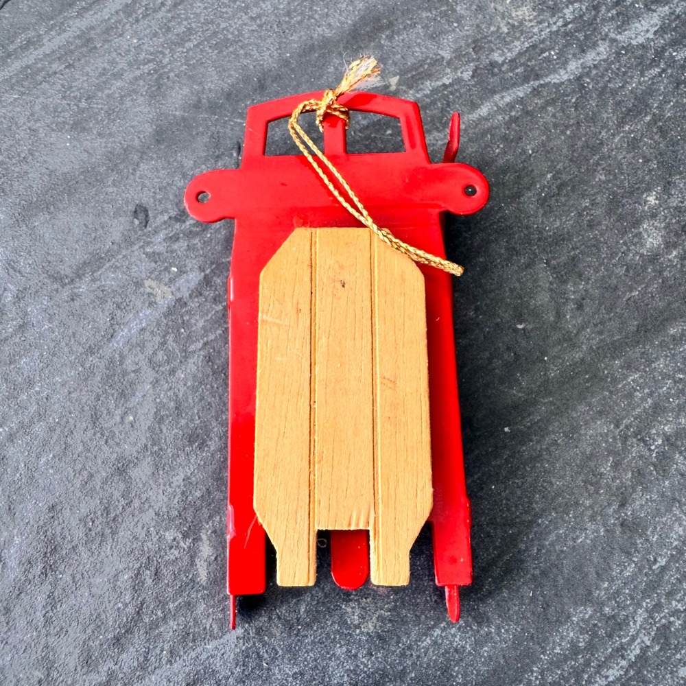 Russ Berrie Red Metal Sled Christmas Ornament Wooden Seat Holiday‎ Decor